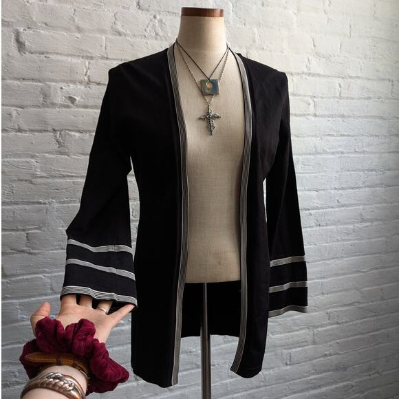 Vintage Black Stripe Knit Cardigan 70's Minimalist Groovy Mod Boho Sweater Small - Picture 4 of 8